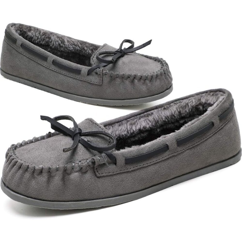 Women's Faux Fur Warm Winter Cozy Durable Rubber Sole Gray Slippers Boot Shoes